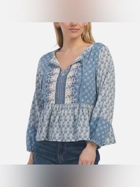 Lucky Brand Women’s Medium M Shirt Top Boho Peasant Patchwork Blue Cottagecore